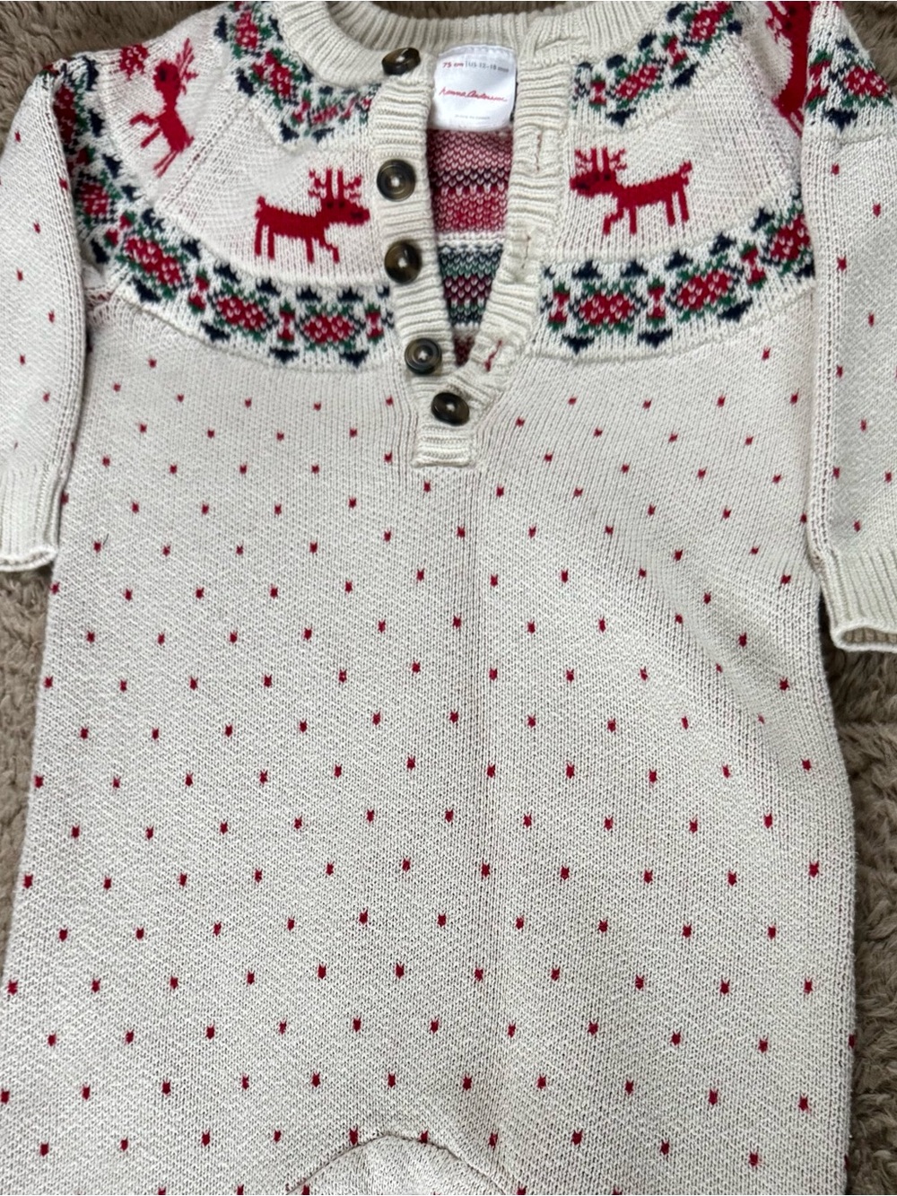 Hanna Andersson child’s one piece Nordic sweater with snaps , red , cream green.